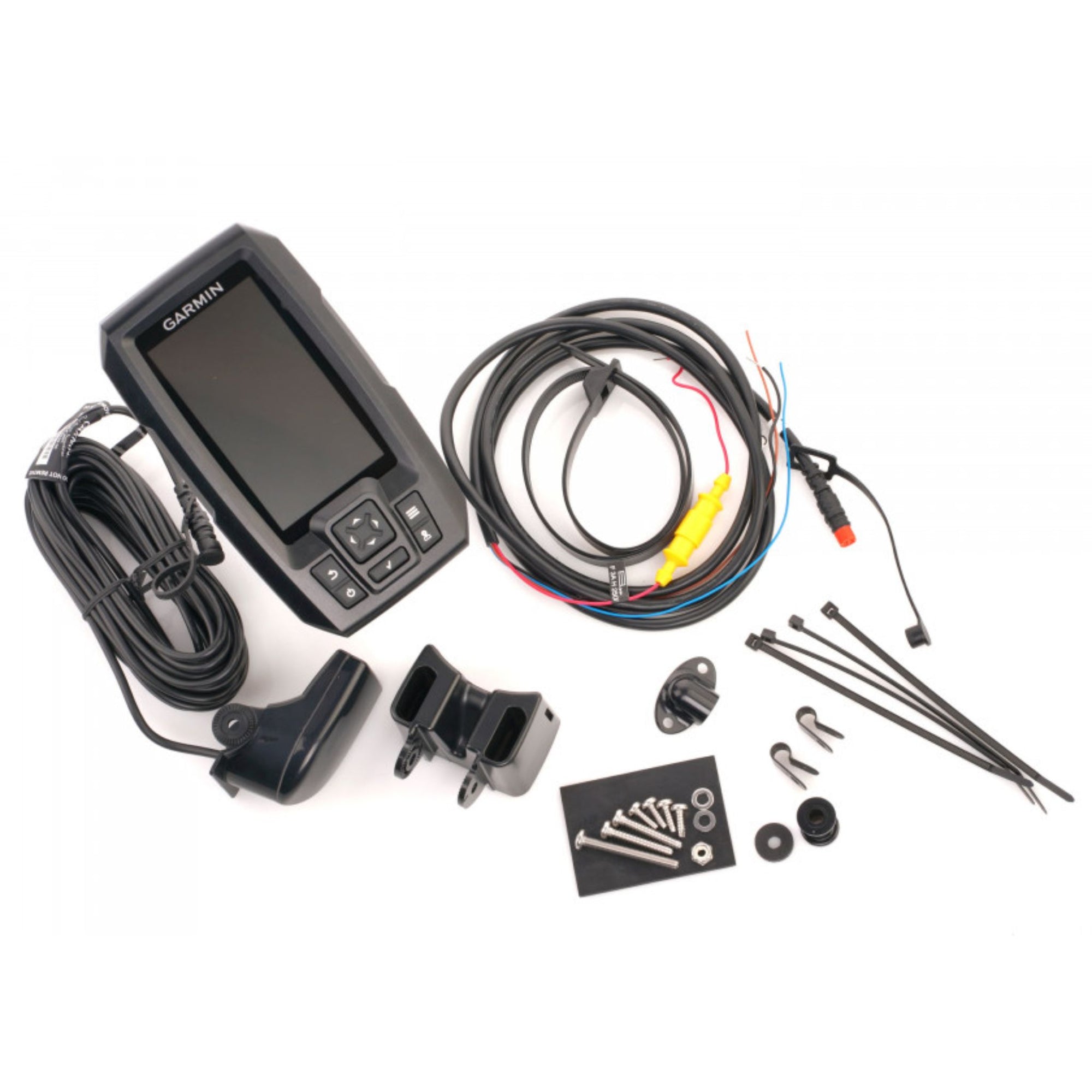 Complete Garmin Striker Plus 4 fishfinder kit including the display unit, transducer, mounting bracket, power cables, and installation hardware.