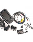 Complete Garmin Striker Plus 4 fishfinder kit including the display unit, transducer, mounting bracket, power cables, and installation hardware.