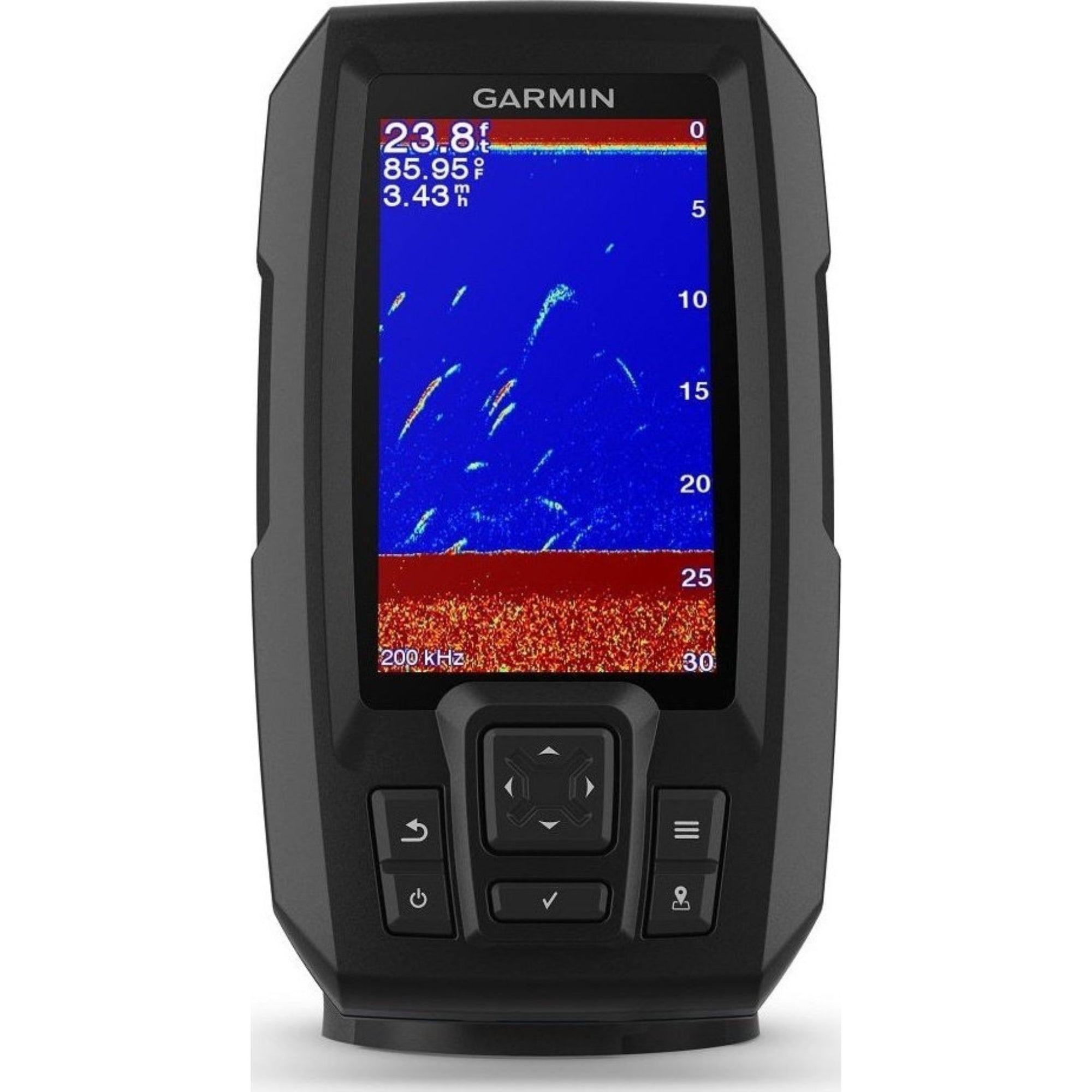 Close-up of the Garmin Striker Plus 4 screen showing detailed sonar imaging and depth information.
