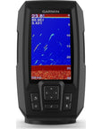 Close-up of the Garmin Striker Plus 4 screen showing detailed sonar imaging and depth information.