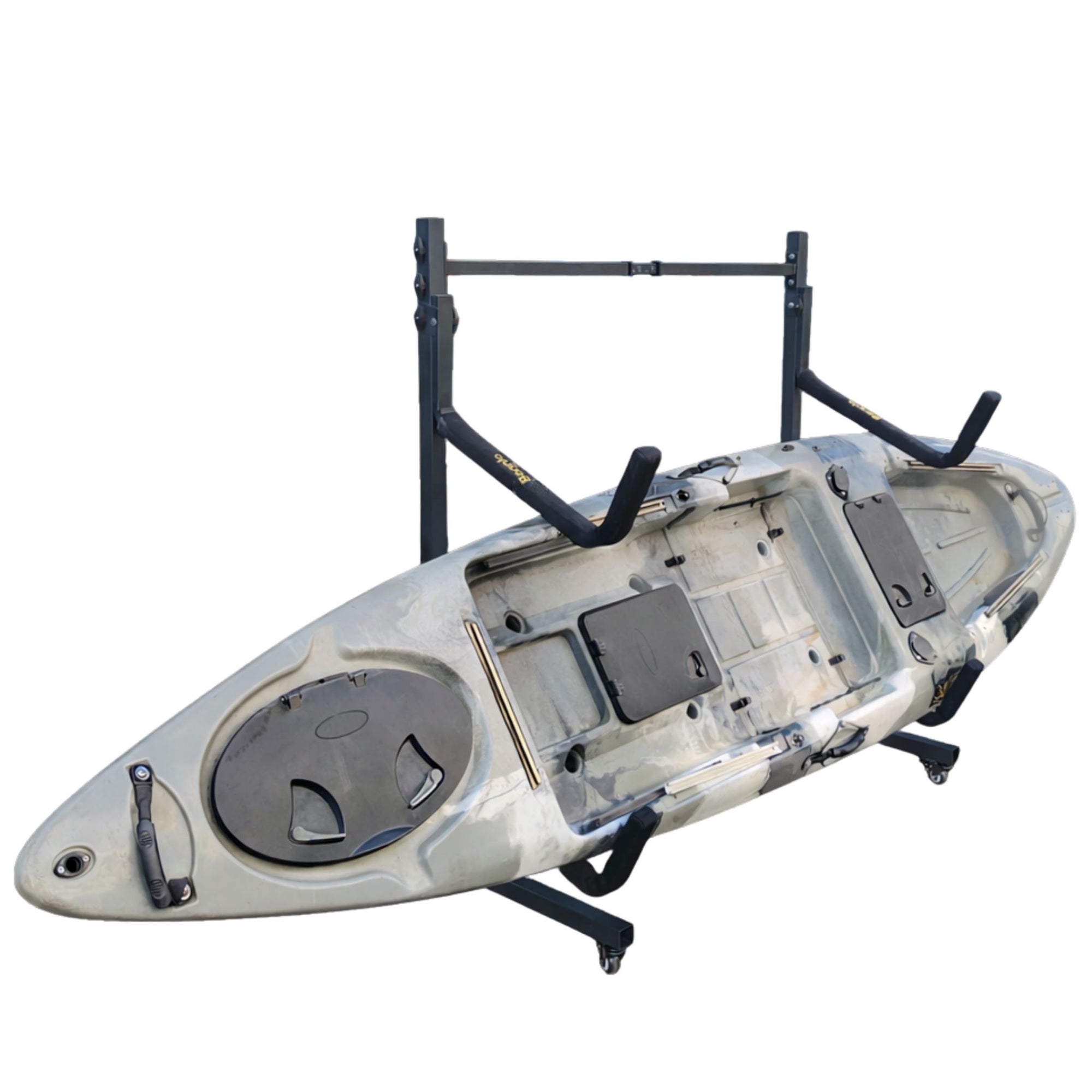 Heavy duty freestanding kayak storage stand featuring reinforced steel frame and protective foam padded arms supporting a single sit on top kayak, ideal for garage storage, shed organization, or indoor boat storage solutions