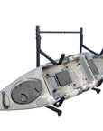 Heavy duty freestanding kayak storage stand featuring reinforced steel frame and protective foam padded arms supporting a single sit on top kayak, ideal for garage storage, shed organization, or indoor boat storage solutions