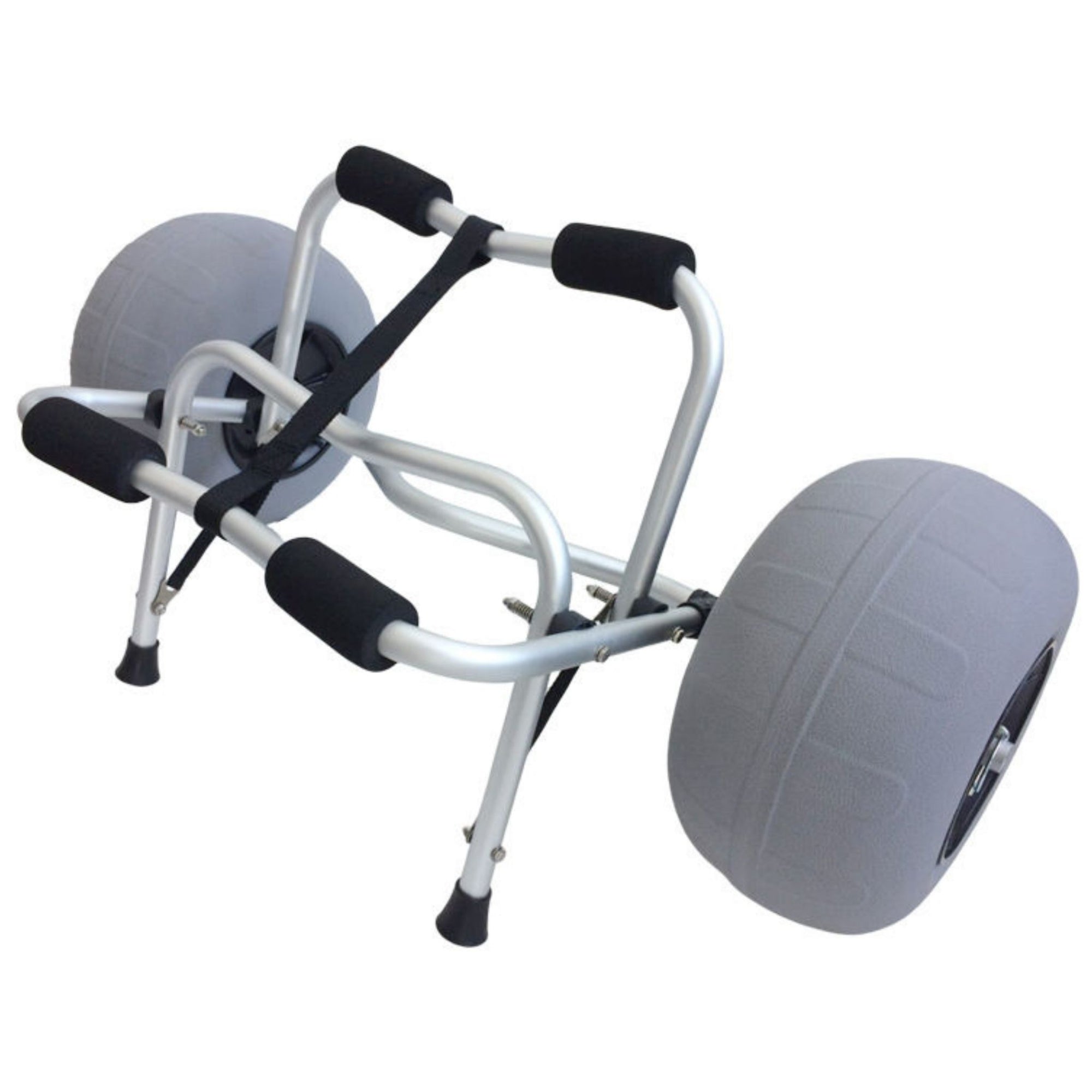 Heavy duty kayak trolley cart with large balloon wheels and aluminium frame for transporting kayaks on sand