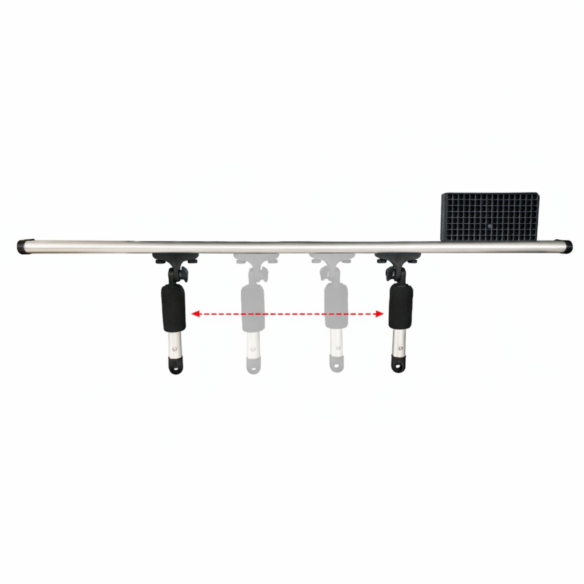 Kayak outrigger stabilizer system hardware components including adjustable brackets, mounting arms, fasteners, and multiple configuration options compatible with fishing kayaks and gear track systems