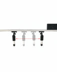 Kayak outrigger stabilizer system hardware components including adjustable brackets, mounting arms, fasteners, and multiple configuration options compatible with fishing kayaks and gear track systems