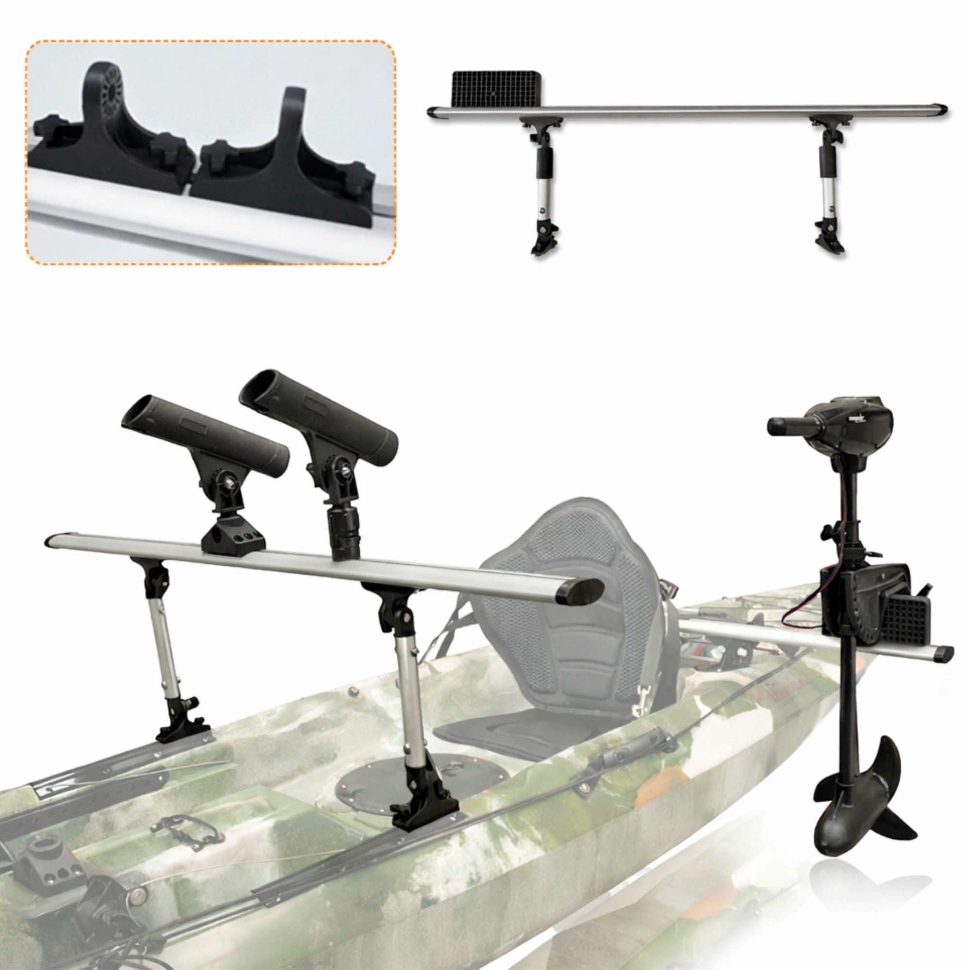 Complete kayak outrigger stabilizer system installed on sit on top fishing kayak featuring adjustable aluminium crossbar, dual flotation pontoons, reinforced mounting brackets, and compatibility with trolling motor setups for improved balance and stand up fishing stability