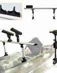 Complete kayak outrigger stabilizer system installed on sit on top fishing kayak featuring adjustable aluminium crossbar, dual flotation pontoons, reinforced mounting brackets, and compatibility with trolling motor setups for improved balance and stand up fishing stability