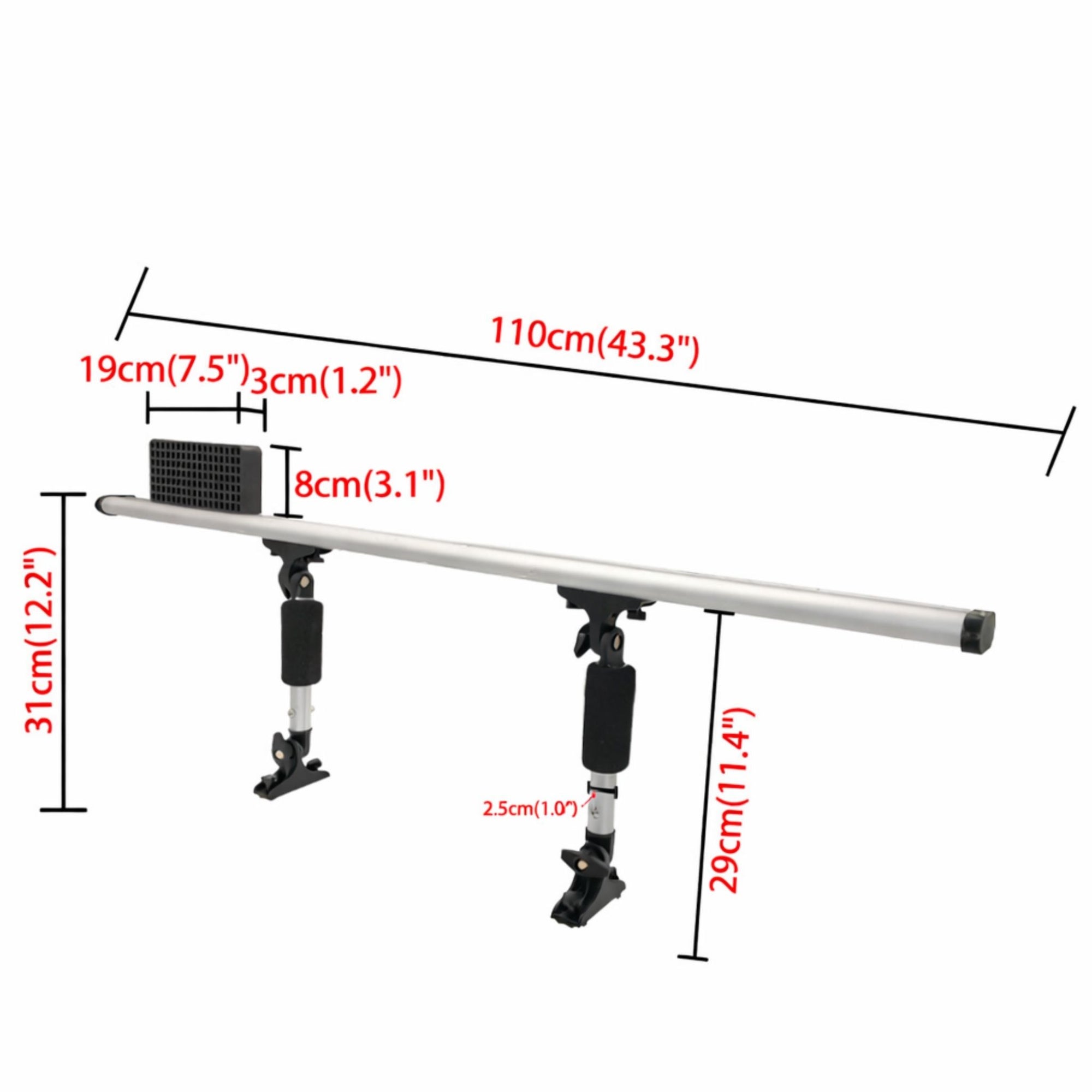 Technical dimensions diagram of kayak outrigger stabilizer system showing overall crossbar length, adjustable width range, pontoon spacing, and mounting measurements for accurate installation planning