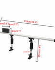 Technical dimensions diagram of kayak outrigger stabilizer system showing overall crossbar length, adjustable width range, pontoon spacing, and mounting measurements for accurate installation planning