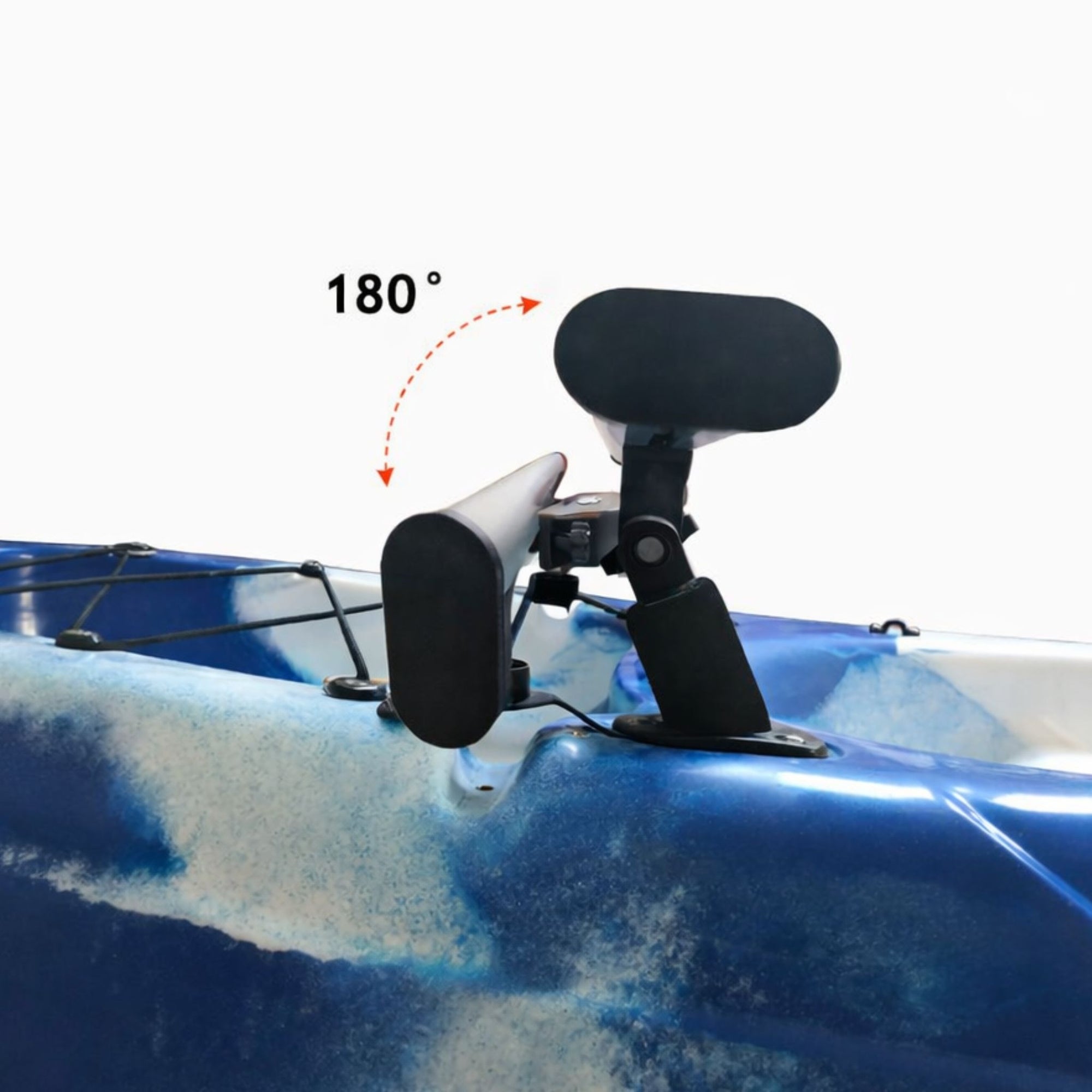 Kayak stabilizer system featuring 180 degree rotating adjustable arm mechanism allowing custom pontoon positioning for paddling mode, transport mode, or maximum stability while stand up fishing