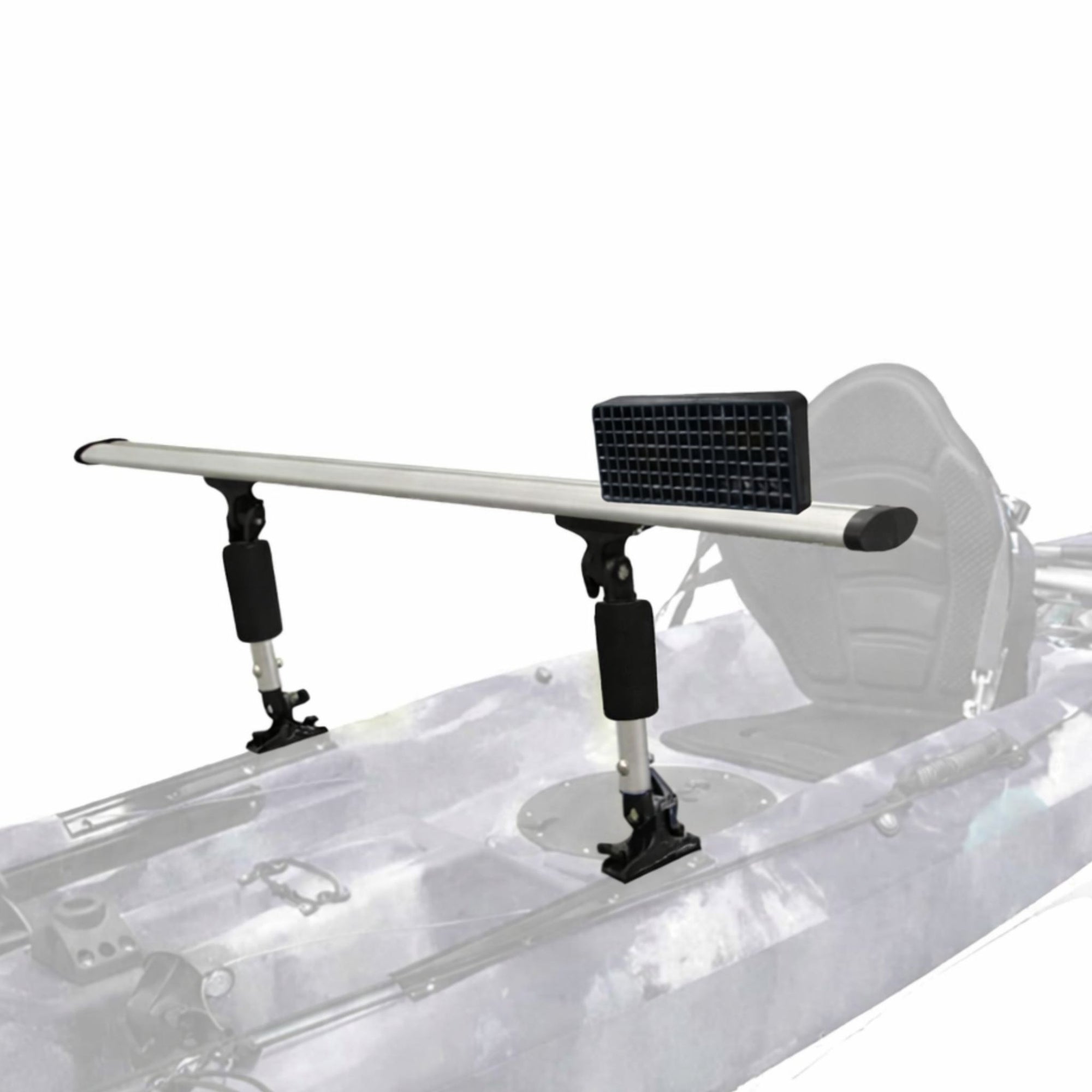 Dual flotation pontoons mounted on sit on top fishing kayak providing enhanced lateral balance and increased stability for standing, casting, and fishing in rough water conditions