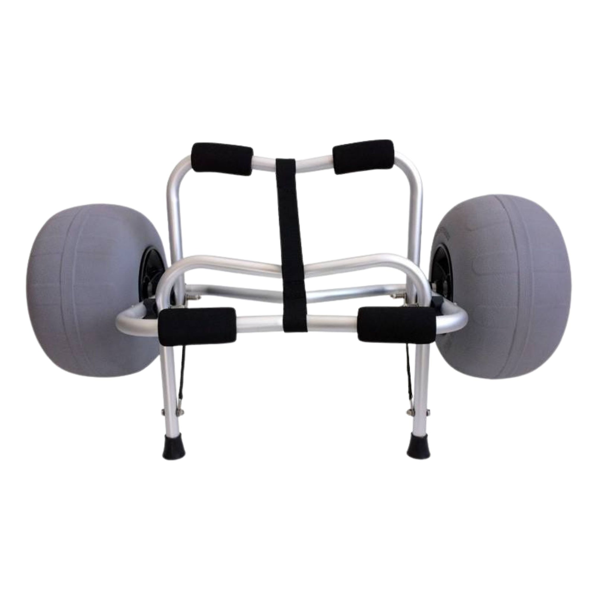 Front view of kayak trolley cart with balloon wheels and padded frame for stable kayak transport