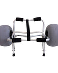 Front view of kayak trolley cart with balloon wheels and padded frame for stable kayak transport