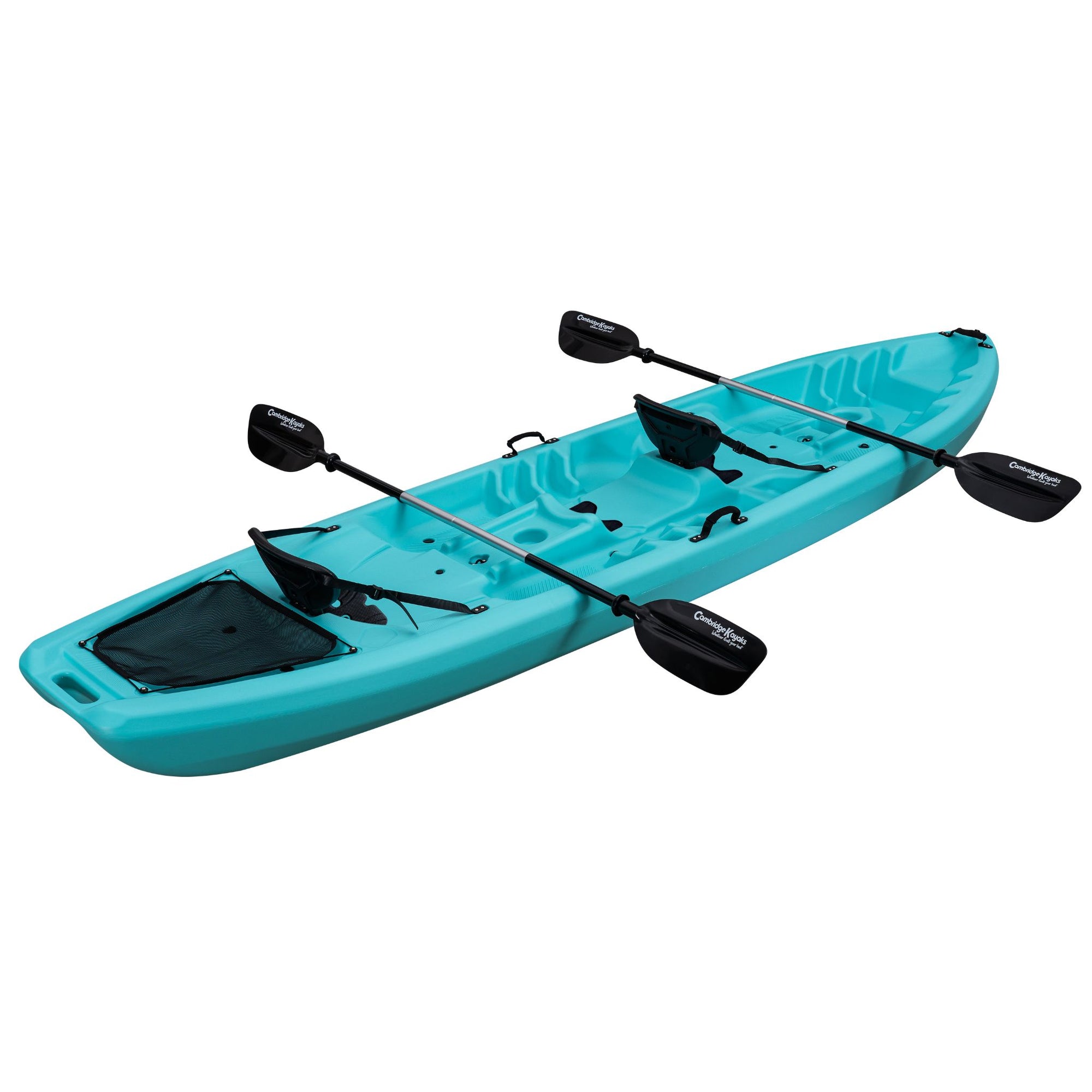 Light blue tandem sit-on-top kayak angled left. Stable and user-friendly kayak for two paddlers, perfect for relaxed touring and calm-water adventures.