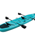 Light blue tandem sit-on-top kayak angled left. Stable and user-friendly kayak for two paddlers, perfect for relaxed touring and calm-water adventures.