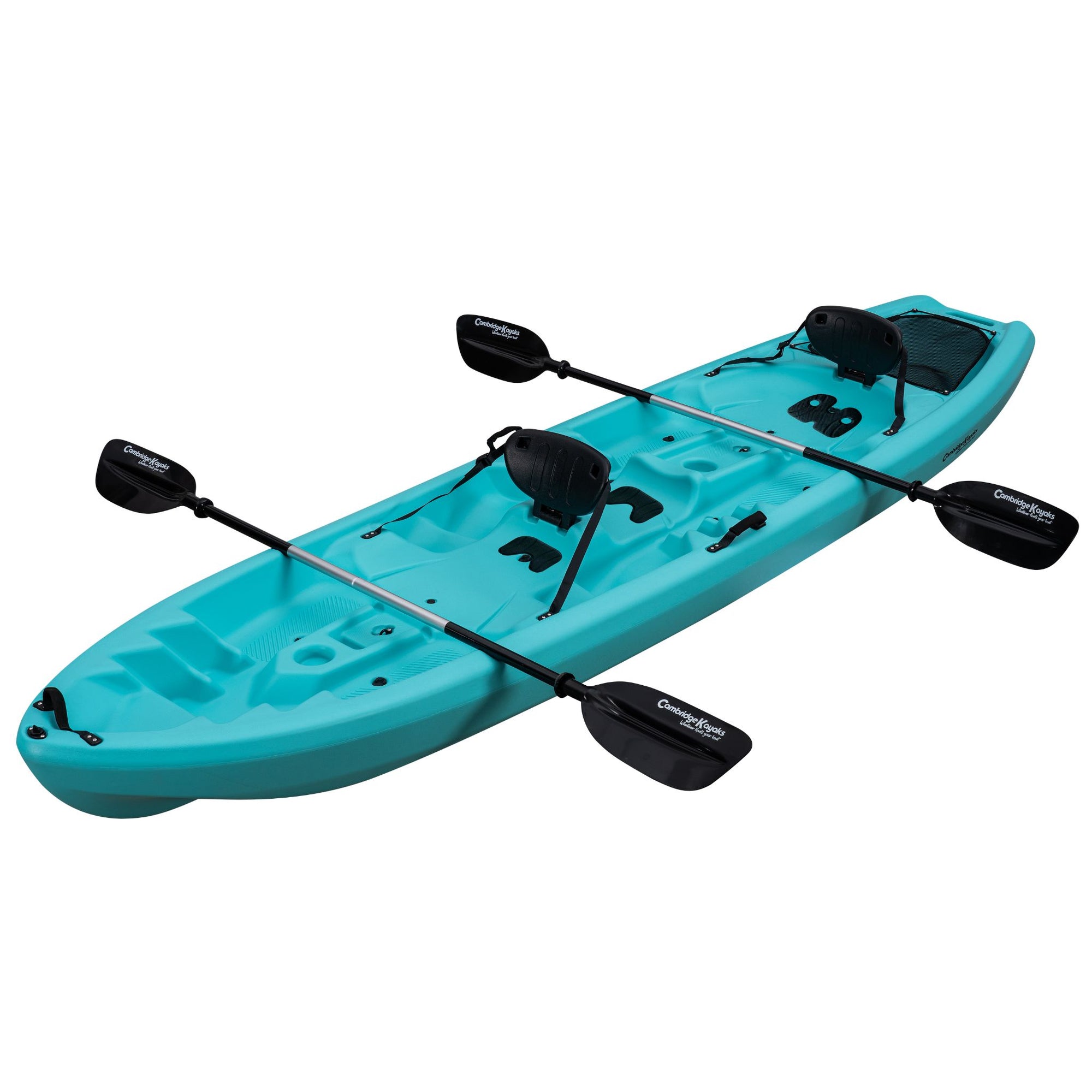Light blue double sit-on-top kayak angled right. Designed for leisure paddling and coastal exploration, with storage compartments and adjustable footrests.