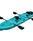 Light blue double sit-on-top kayak angled right. Designed for leisure paddling and coastal exploration, with storage compartments and adjustable footrests.
