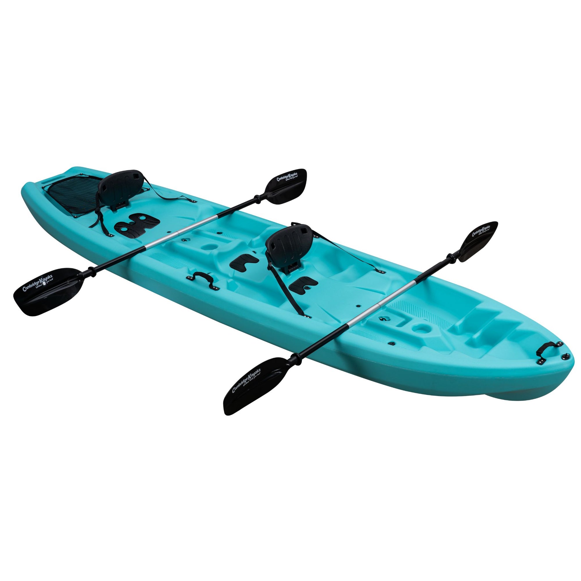 Angled lineup of light blue sit-on-top double kayaks. Ideal for families or friends, featuring lightweight design and molded seating for recreational use.