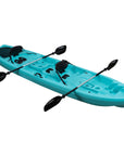 Angled lineup of light blue sit-on-top double kayaks. Ideal for families or friends, featuring lightweight design and molded seating for recreational use.