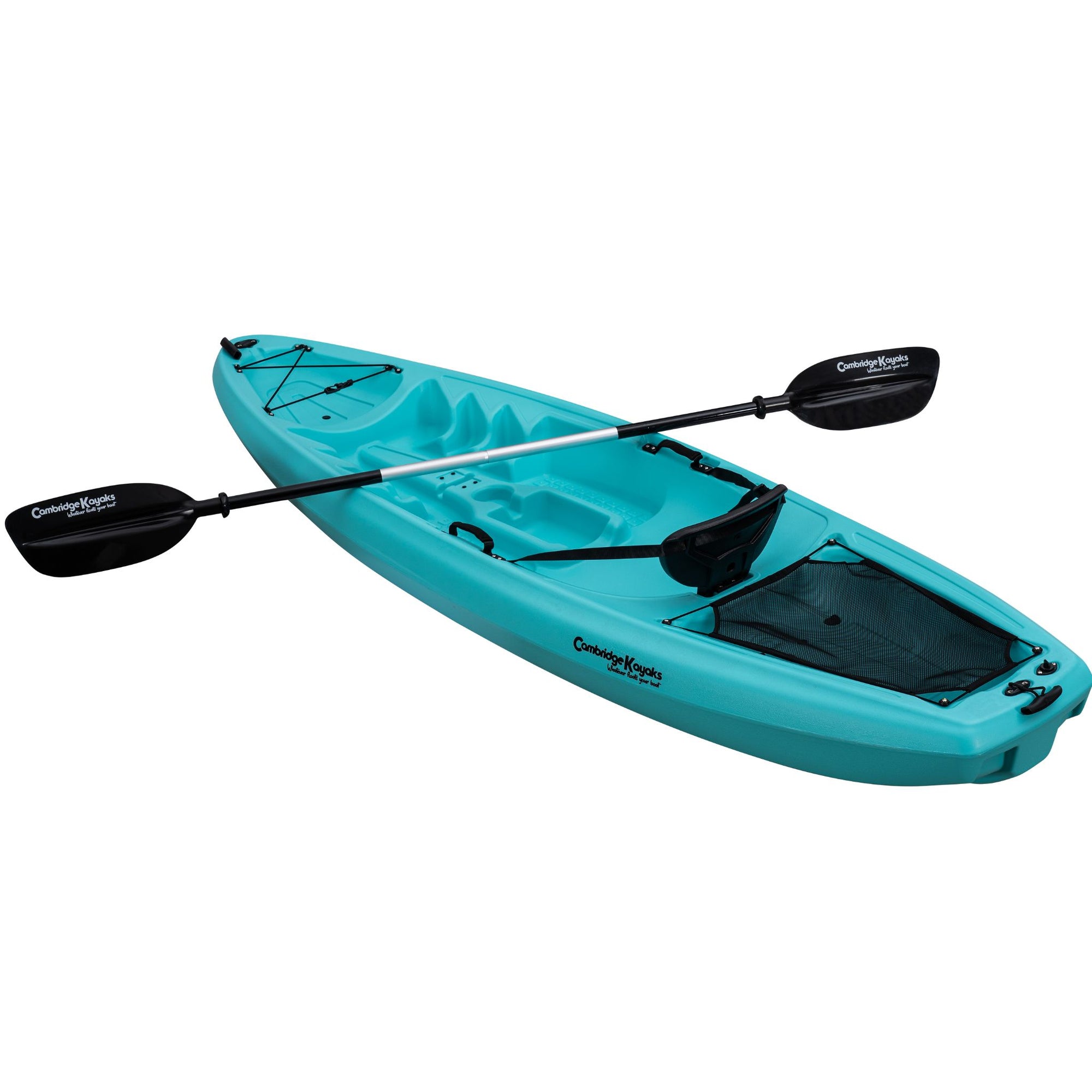 Light blue single sit-on-top kayak angled to the left. Compact and stable kayak with lightweight hull design and comfortable molded seat area.