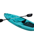 Light blue single sit-on-top kayak angled to the left. Compact and stable kayak with lightweight hull design and comfortable molded seat area.
