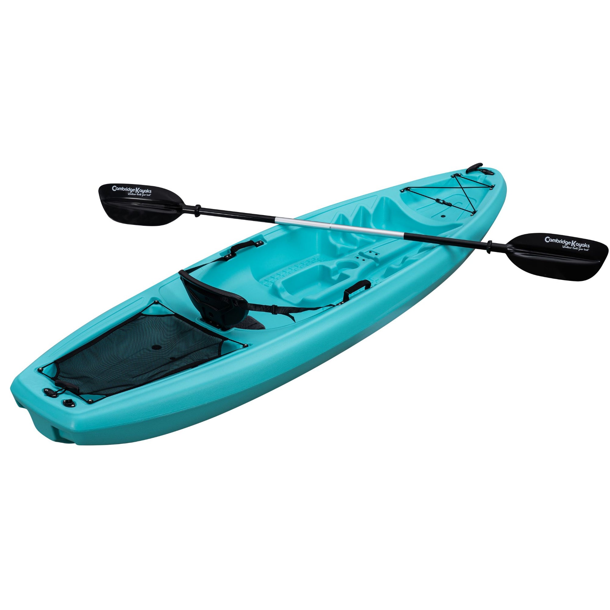 Full side view of the light blue sit-on-top kayak with paddle. Stable and buoyant kayak designed for recreational use, fishing, or touring in calm water.