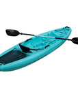Full side view of the light blue sit-on-top kayak with paddle. Stable and buoyant kayak designed for recreational use, fishing, or touring in calm water.