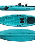 Light blue sit-on-top single kayak showing top and bottom views. Durable recreational kayak ideal for beginners and leisure paddling on lakes, rivers, and coastal waters.