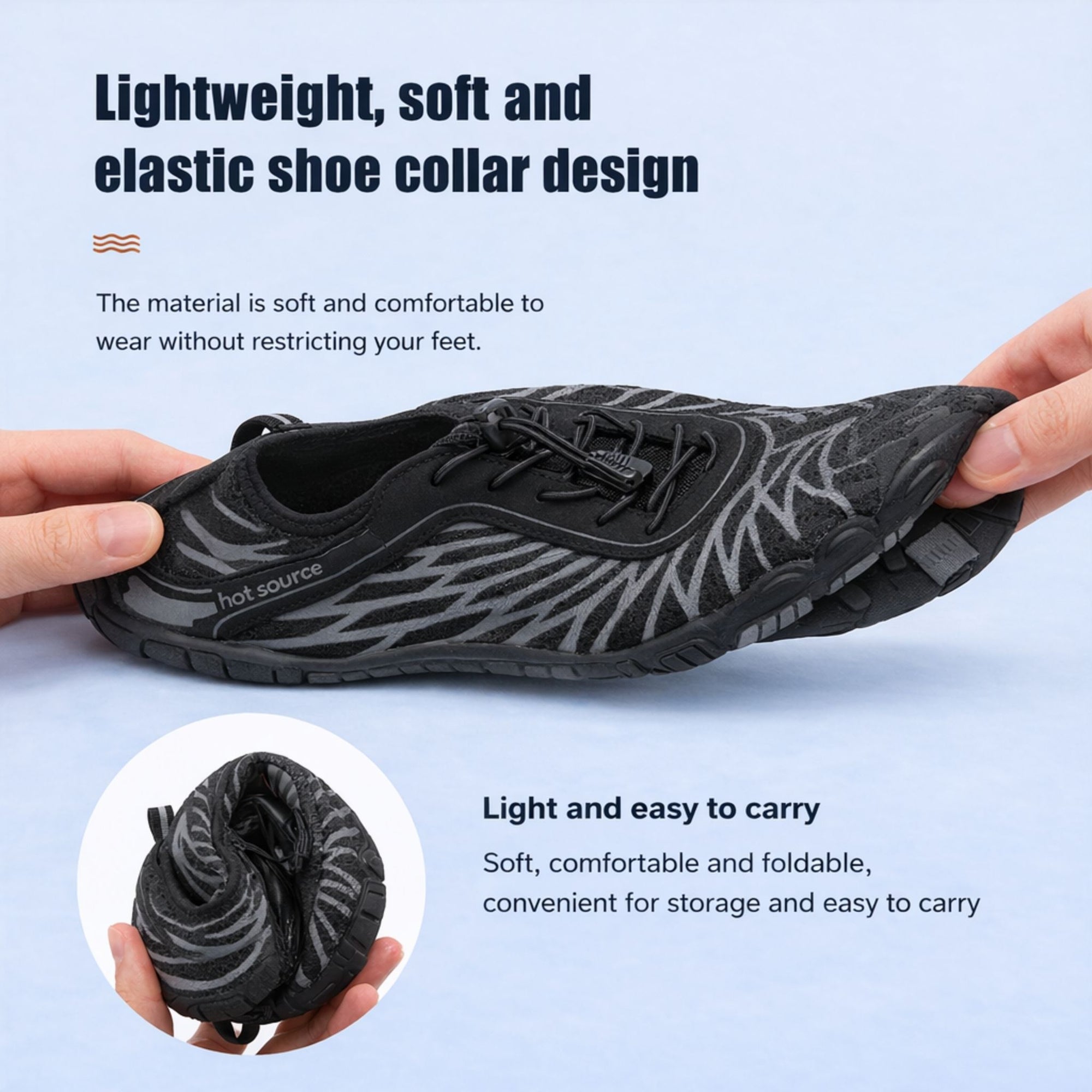 Lightweight flexible aqua shoes showing foldable design for easy storage, comfort and travel use