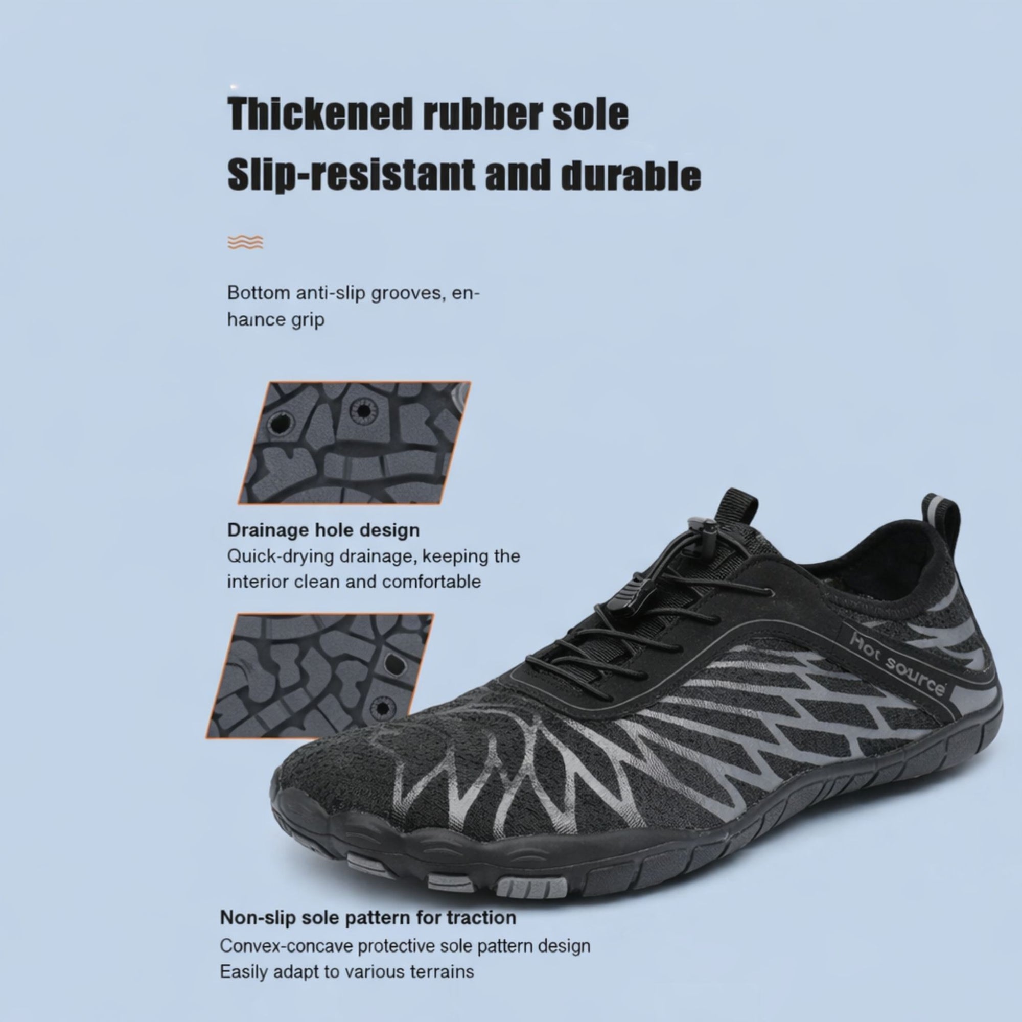 Water shoes with non slip rubber sole and drainage holes designed for grip, quick drying and outdoor water activities