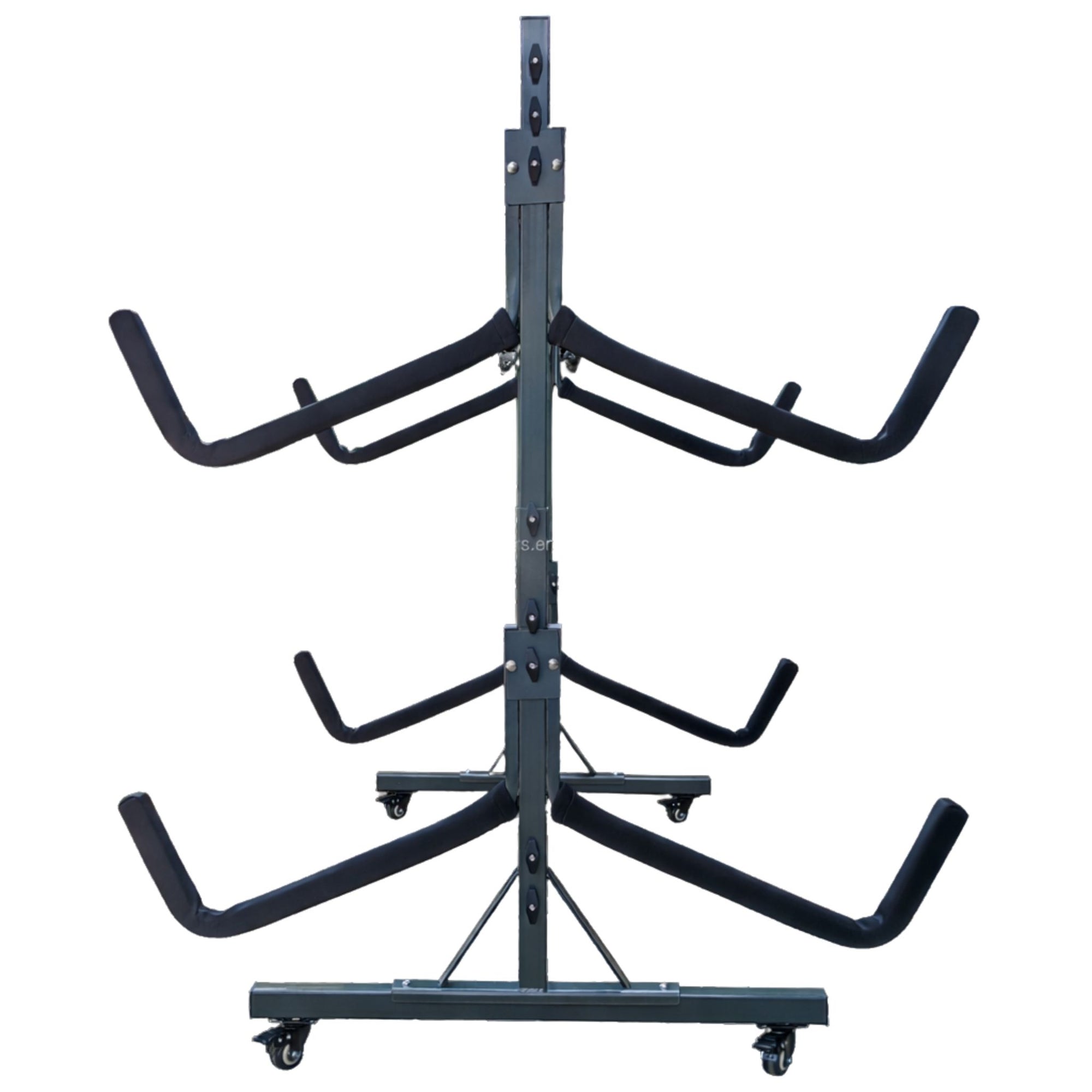 Multi tier freestanding kayak storage stand with adjustable padded arms, reinforced vertical steel frame, and wide stabilizing rolling base for organizing multiple kayaks in indoor or garage storage areas
