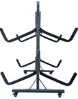 Multi tier freestanding kayak storage stand with adjustable padded arms, reinforced vertical steel frame, and wide stabilizing rolling base for organizing multiple kayaks in indoor or garage storage areas