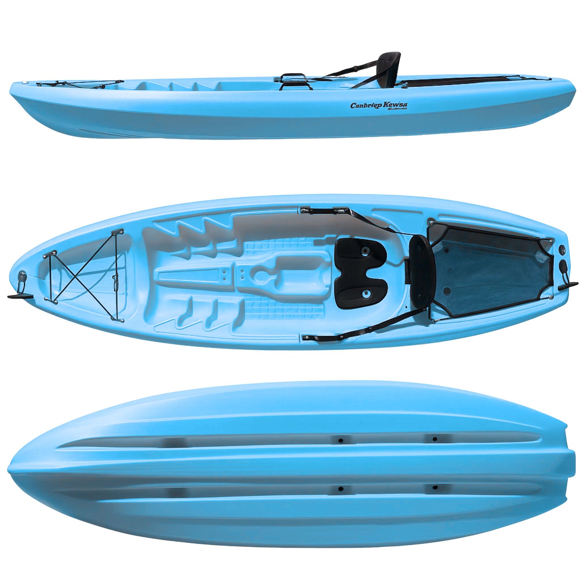 Light blue Cambridge Kayaks Pilgrim I sit on top kayak, side and underside views showing stable slimline hull and durable design for beginners and families.