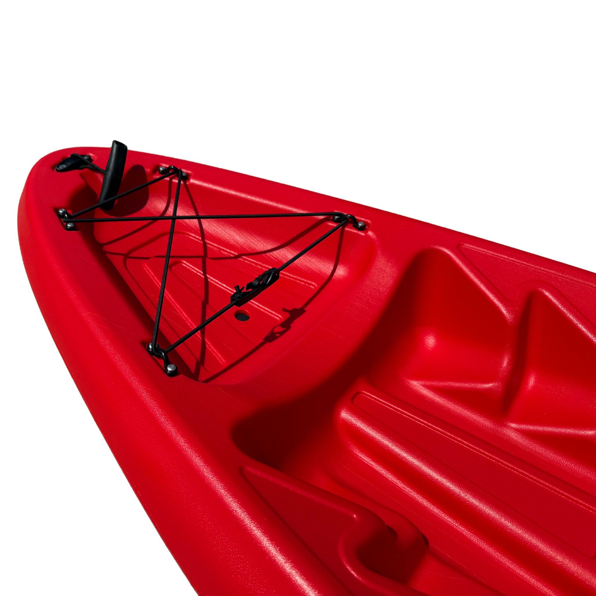 Close-up of bow storage on red Cambridge Kayaks Pilgrim I sit on top kayak, featuring secure bungee system and molded deck for carrying essentials.