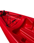 Close-up of bow storage on red Cambridge Kayaks Pilgrim I sit on top kayak, featuring secure bungee system and molded deck for carrying essentials.