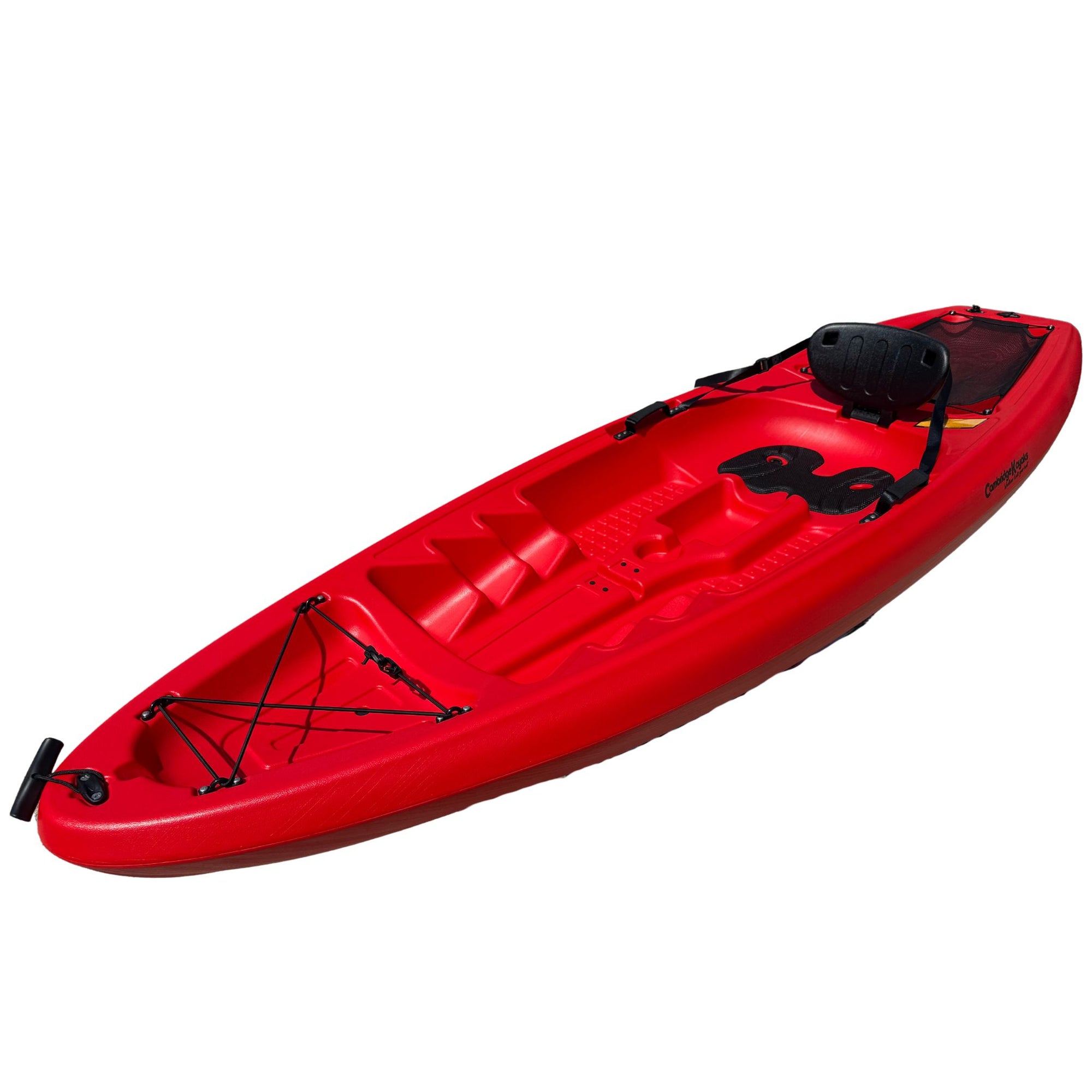 Front angled view of red Cambridge Kayaks Pilgrim I single sit on top kayak, tough and stable recreational kayak for calm water and sea adventures.