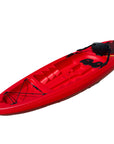 Front angled view of red Cambridge Kayaks Pilgrim I single sit on top kayak, tough and stable recreational kayak for calm water and sea adventures.