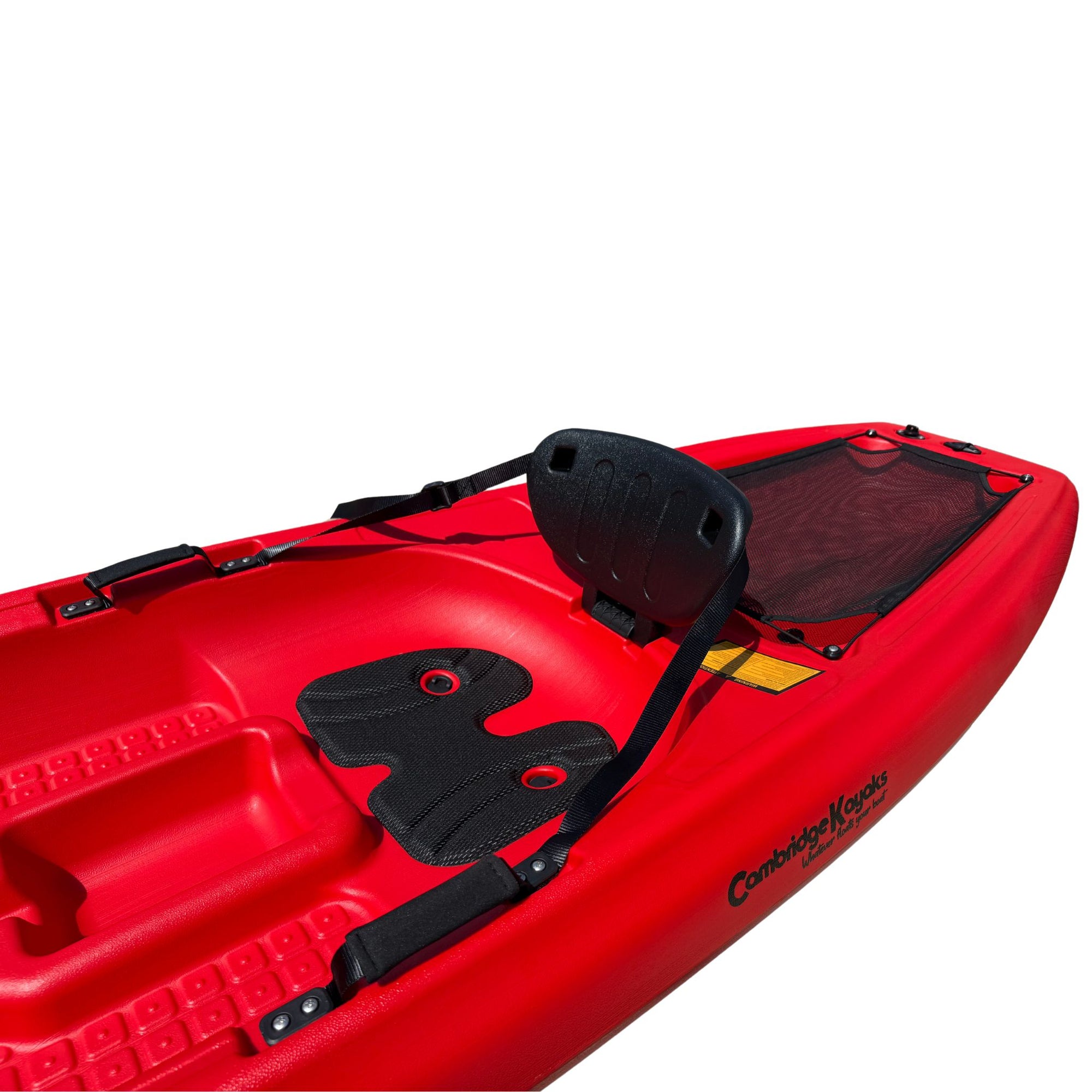 Underside hull of red Cambridge Kayaks Pilgrim I kayak, streamlined and durable base design for stability, speed, and smooth water performance.