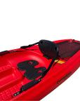 Underside hull of red Cambridge Kayaks Pilgrim I kayak, streamlined and durable base design for stability, speed, and smooth water performance.