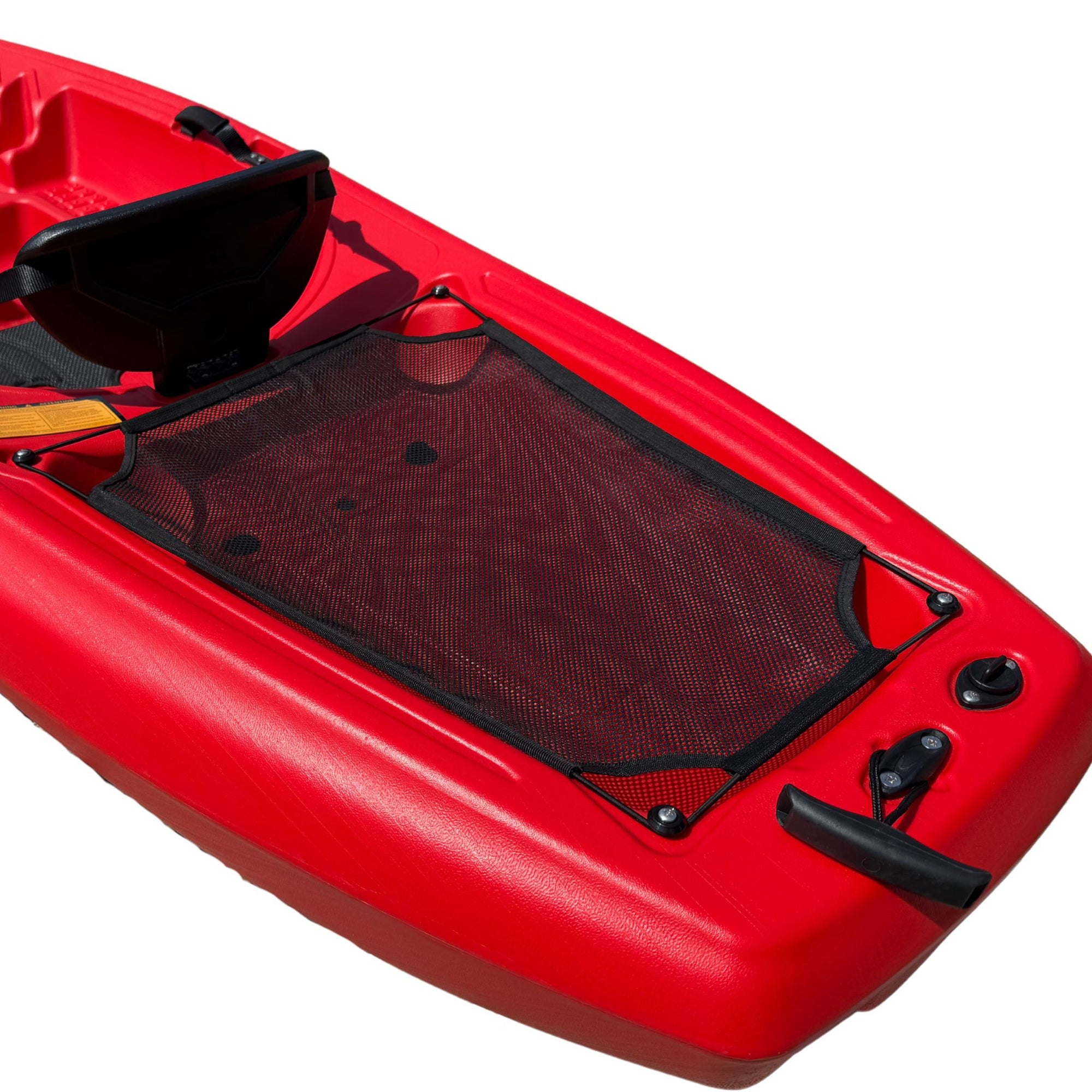 Close-up of seating and rear cargo area of red Cambridge Kayaks Pilgrim I sit on top kayak, ergonomic molded layout with storage deck and footrests.