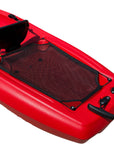 Close-up of seating and rear cargo area of red Cambridge Kayaks Pilgrim I sit on top kayak, ergonomic molded layout with storage deck and footrests.