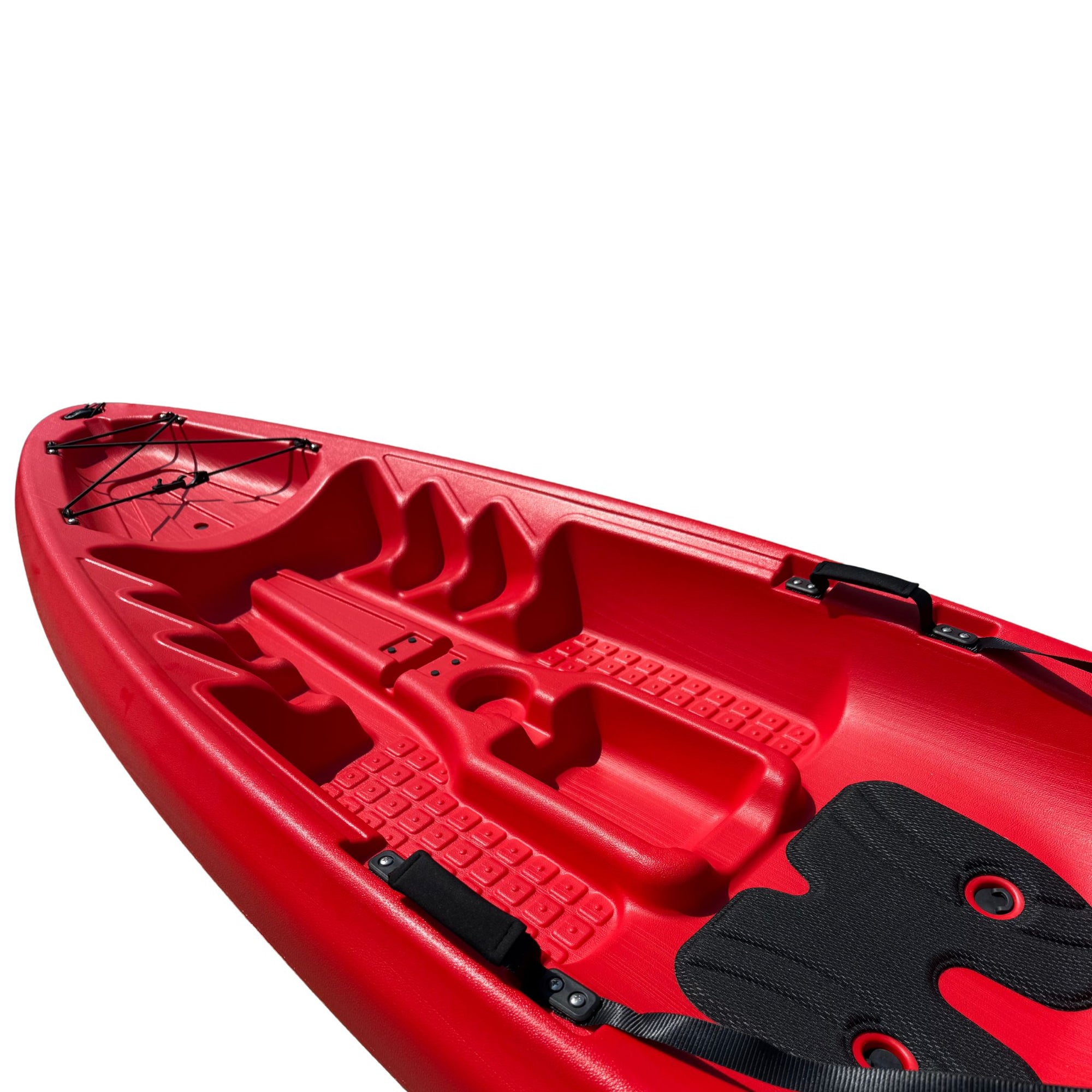 Angled top view of red Cambridge Kayaks Pilgrim I sit on top kayak, molded seating area, footrests, and slimline hull for easy transport and paddling.