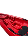 Angled top view of red Cambridge Kayaks Pilgrim I sit on top kayak, molded seating area, footrests, and slimline hull for easy transport and paddling.