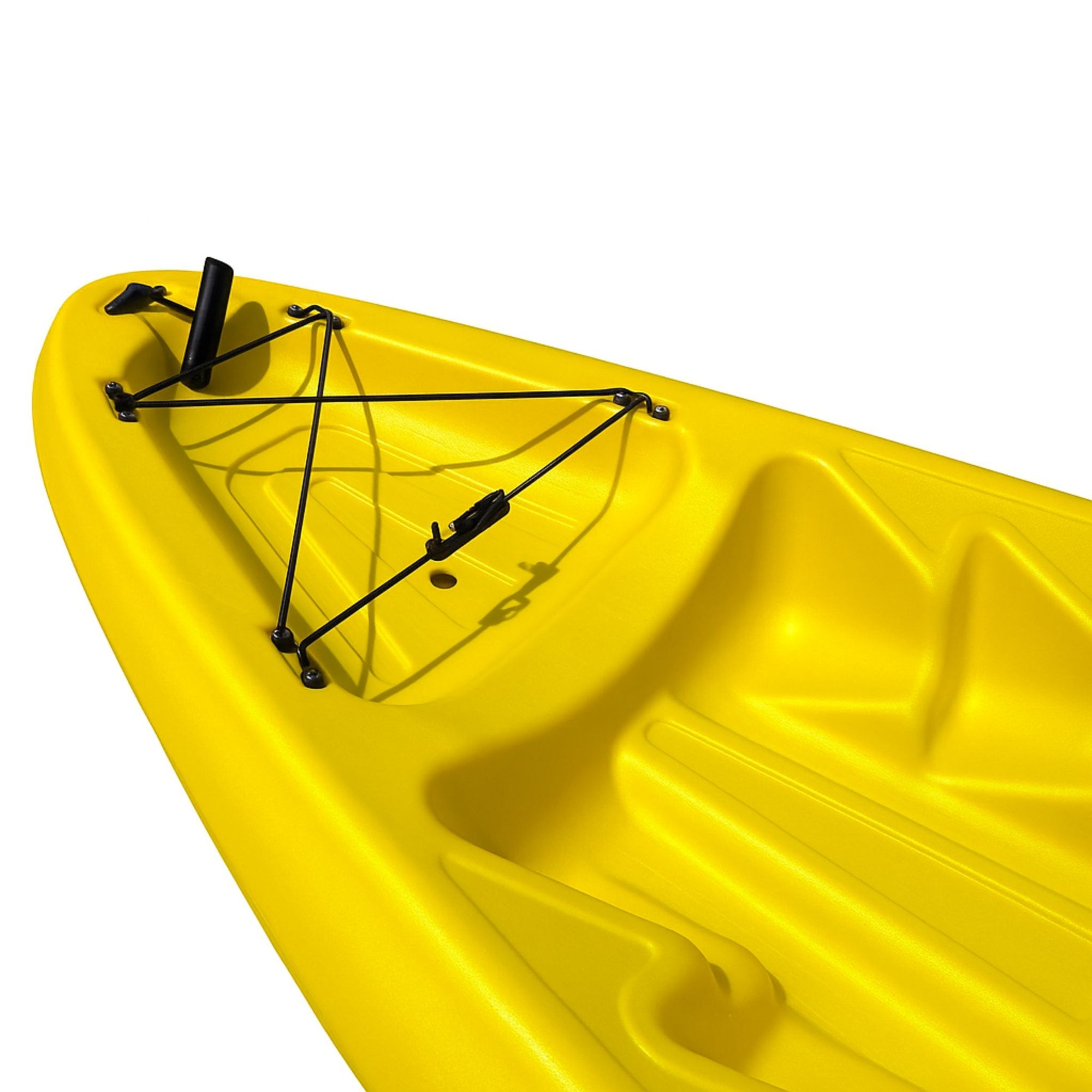 Bow section of yellow Cambridge Kayaks Pilgrim I kayak, showing bungee storage cords and molded front deck for safe gear transport.