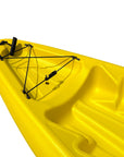 Bow section of yellow Cambridge Kayaks Pilgrim I kayak, showing bungee storage cords and molded front deck for safe gear transport.