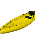 Front angled view of yellow Cambridge Kayaks Pilgrim I single sit on top kayak, durable compact sit on top kayak for family fun and recreational use.