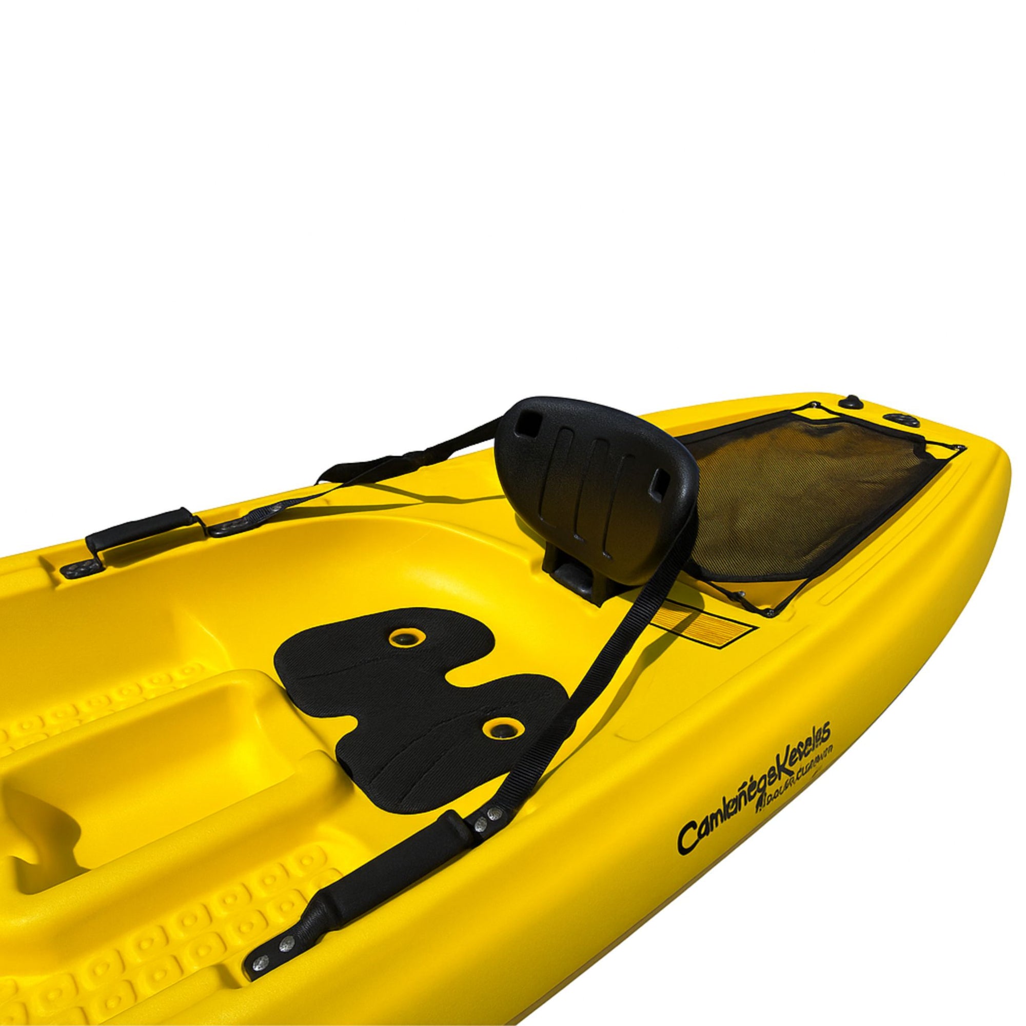 Close-up seating and rear section of yellow Cambridge Kayaks Pilgrim I sit on top kayak, highlighting molded seat, storage deck, and comfort design.