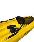 Close-up seating and rear section of yellow Cambridge Kayaks Pilgrim I sit on top kayak, highlighting molded seat, storage deck, and comfort design.