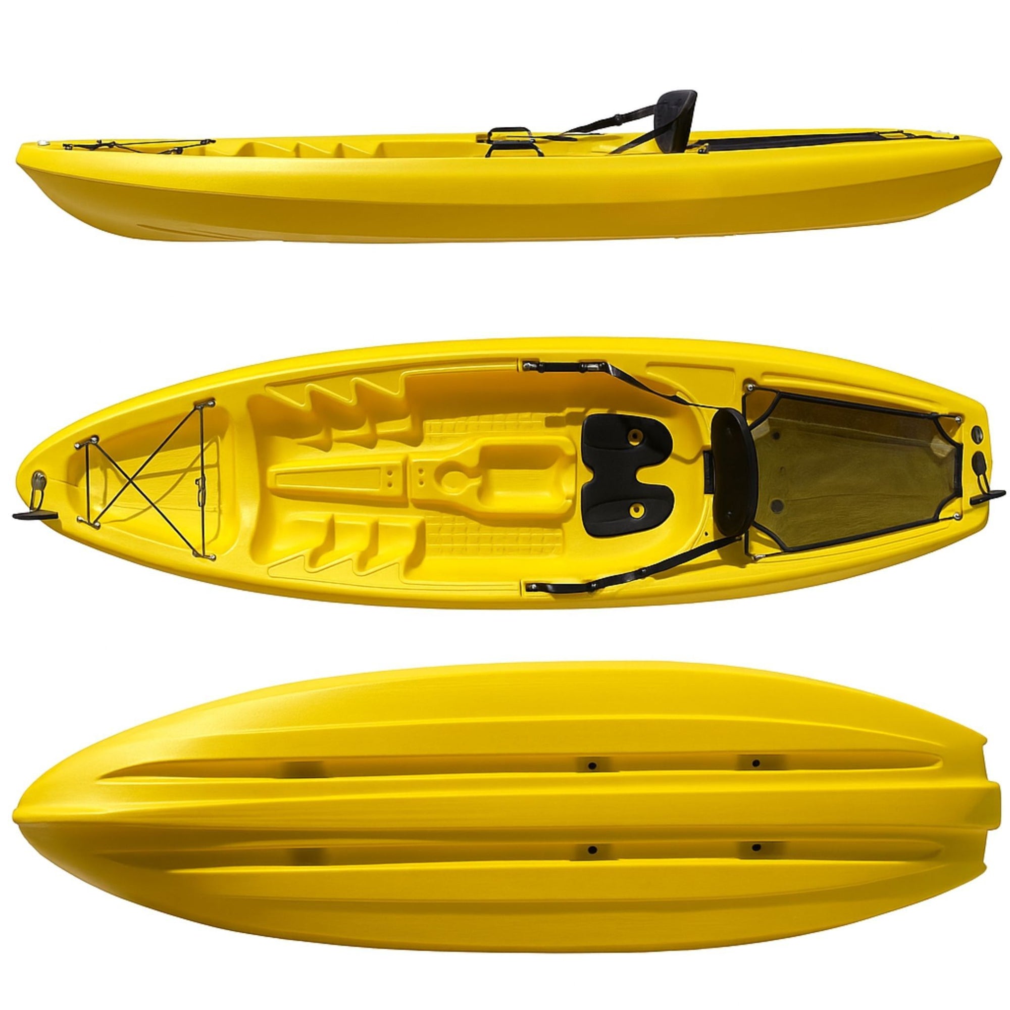 Yellow Cambridge Kayaks Pilgrim I single sit on top kayak side profile, stable and durable kids and adults kayak for rivers, lakes, and coastal use.