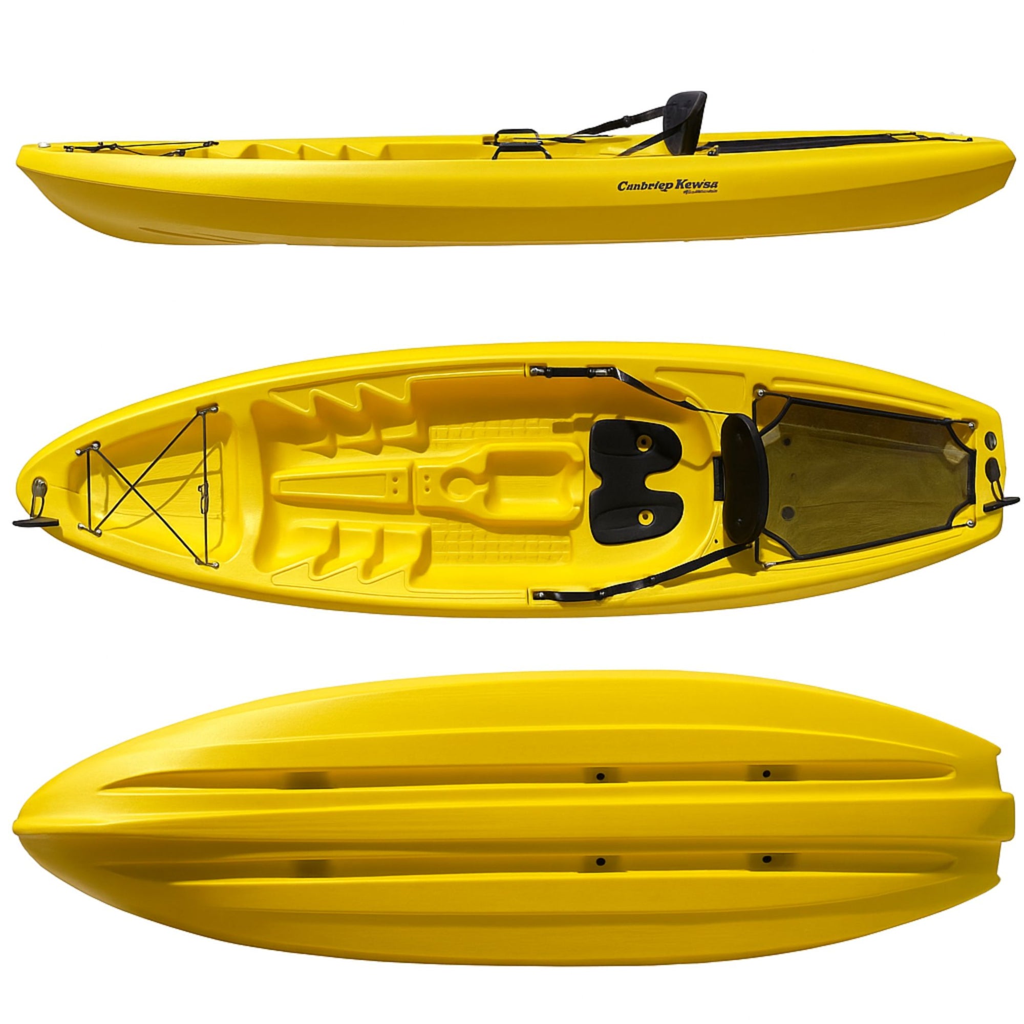Yellow Cambridge Kayaks Pilgrim I single sit on top kayak side profile, stable and durable kids and adults kayak for rivers, lakes, and coastal use.